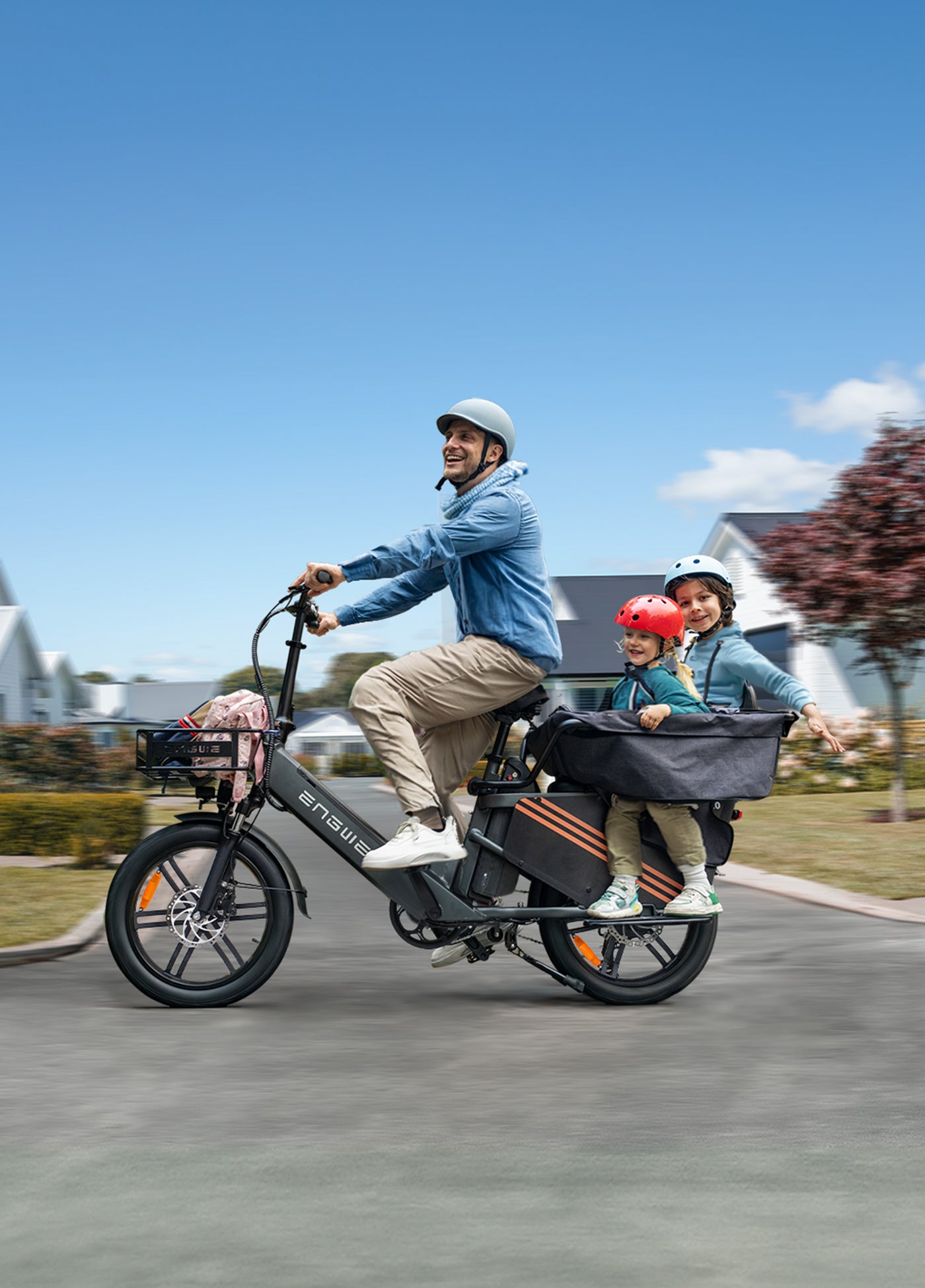 a man riding an Engwe Le20 family ebike with two children