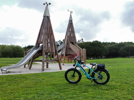 a green engwe e26 off road electric bike parked on the grass