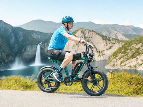 a man riding an engwe m20 moped-style e-bike