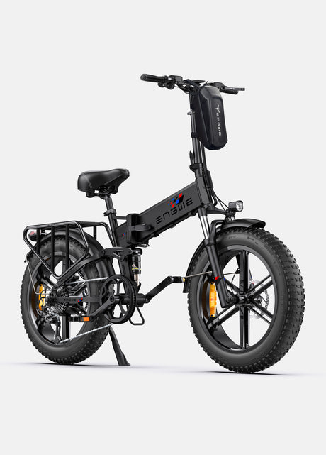 a black engwe engine x e-bike with a bicycle handlebar bag