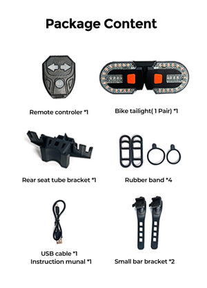 The image shows the package contents of the ENGWE bicycle taillight set. It includes:

1 Remote controller
1 Pair of bike taillights
1 Rear seat tube bracket
4 Rubber bands
1 USB cable
1 Instruction manual
2 Small bar brackets