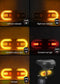 The image showcases the different lighting modes of the ENGWE bicycle rear lamp with turn signals. The modes include:

Left turn indicator (flashing yellow on the left)
Right turn indicator (flashing yellow on the right)
Constant yellow light (both sides on)
Constant red light (red warning lights on)
All flash (both yellow and red lights flashing)