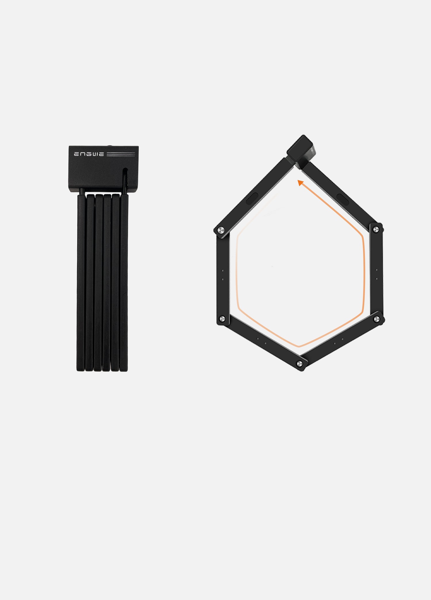 It displays the ENGWE folding bicycle lock in its compact form on the left, and on the right, it shows the lock unfolding into a hexagonal shape for easy and secure bike locking.