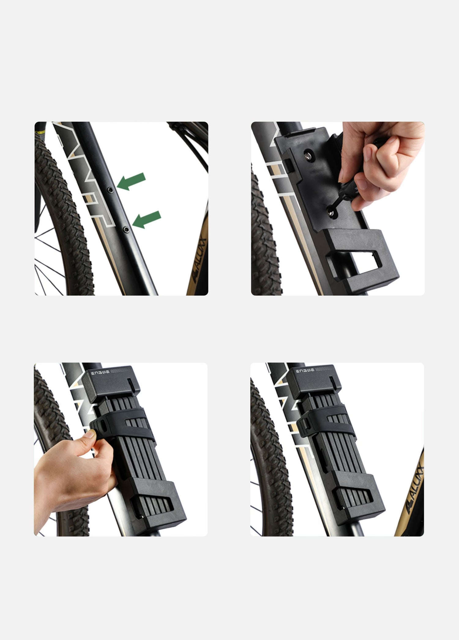 It  demonstrates the installation process of the ENGWE folding bike lock, showing how to securely mount it onto a bike frame using screws and the included bracket for easy storage and access.