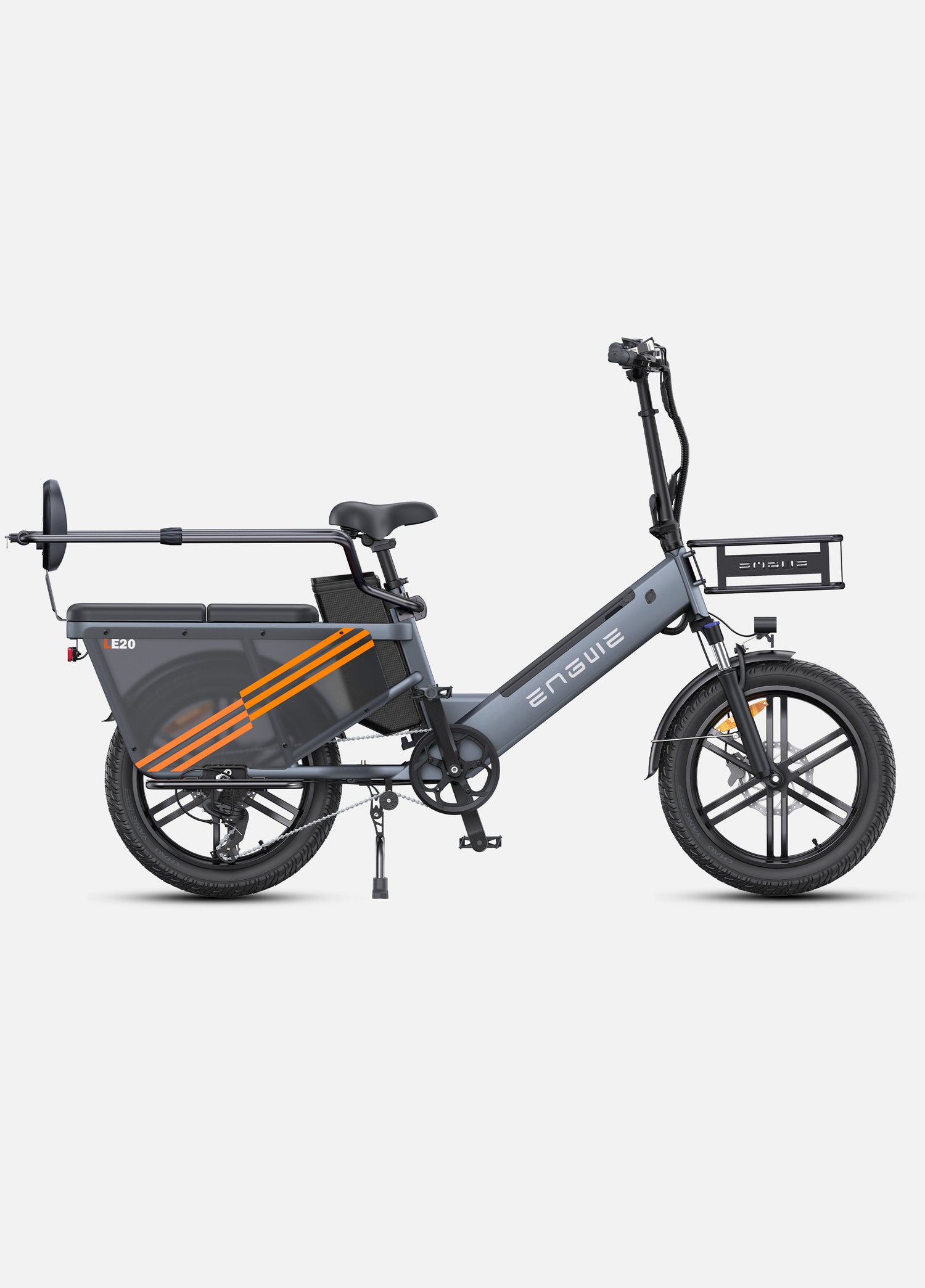 a grey engwe le20 e-bike with rear guardrail and backrest